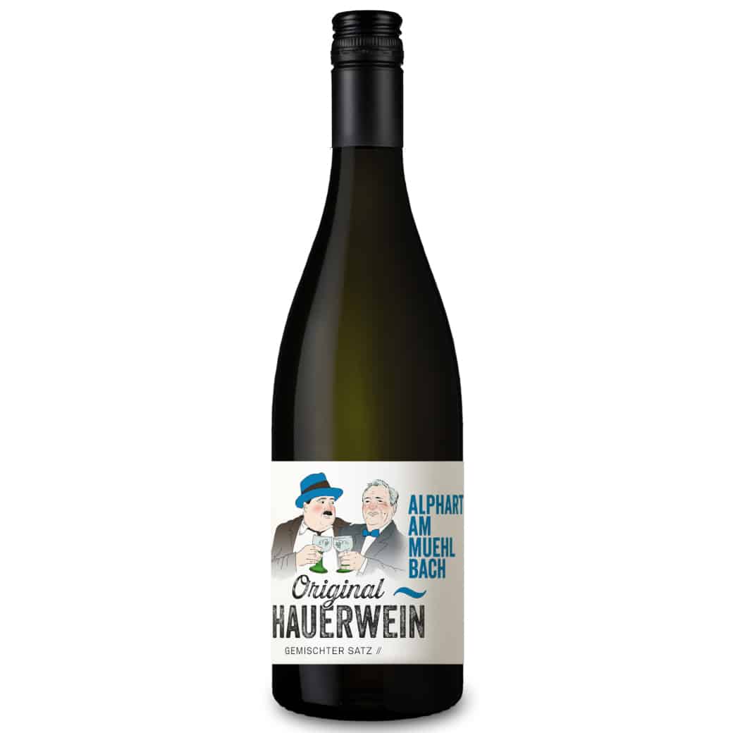 Alphart_Hauerwein | WeinWerkstatt Flasche Original Hauerwein Gemischter Satz vom Weingut Alphart am Mühlbach mit illustriertem Etikett und Schraubverschluss