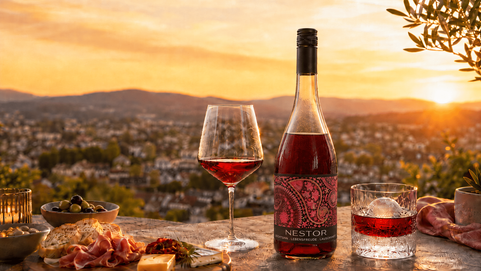 Flasche NESTOR Leichtsinn Lebensfreude Lauschigkeit mit gekühltem Rotwein, Zalto-Universalglas und Tumbler auf einer sommerlichen Terrasse bei Sonnenuntergang.