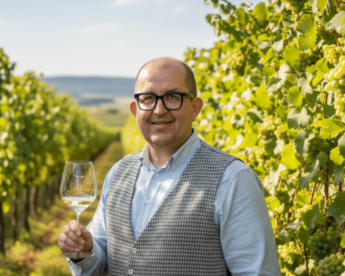 Pascal Willisch, Inhaber der WeinWerkstatt, im Weingarten mit einem Glas Weisswein