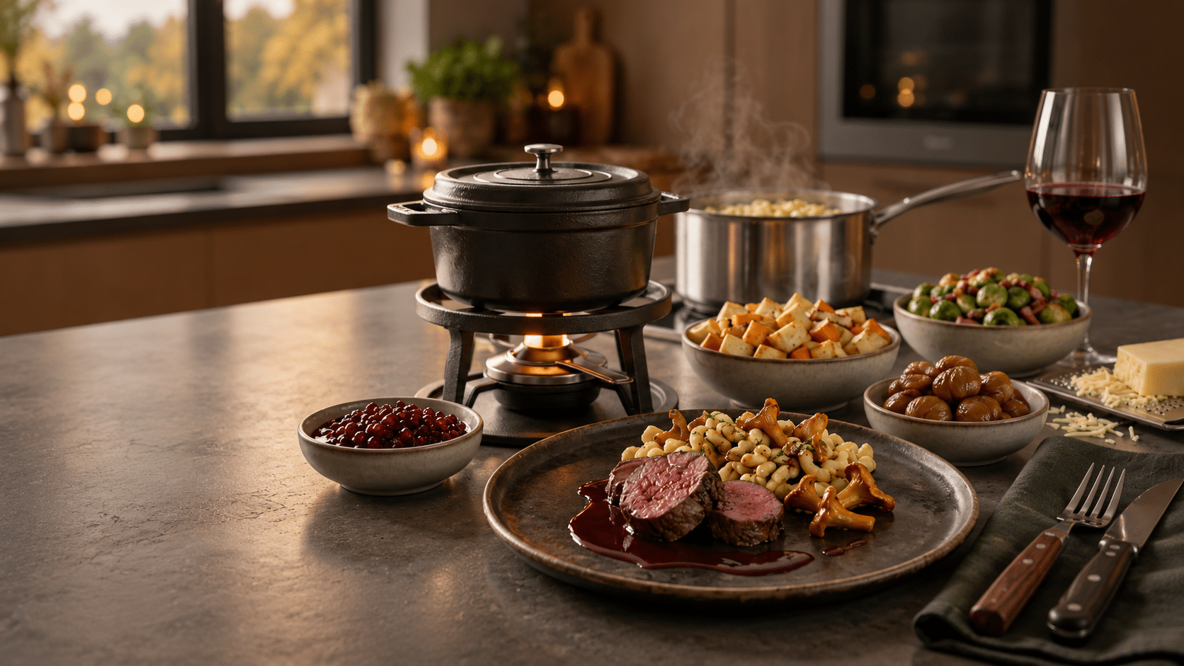 Wildgericht mit Rotwein, Pilzen und winterlichen Beilagen