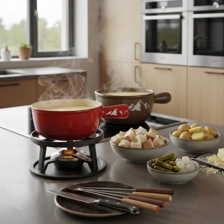 Käsefondue mit Brot, Kartoffeln, Cornichons und Silberzwiebeln