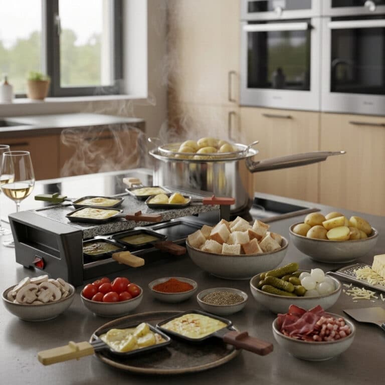 Raclette-Tisch mit geschmolzenem Käse, Kartoffeln und Beilagen